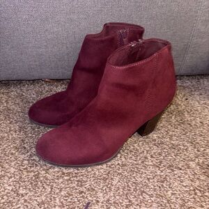 Old Navy Wine Suede Ankle Booties with Stacked Heel